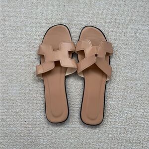 Tan H-Shaped Cutout Slide Sandals